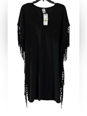 NWT MSK Black Fringe Sleeves And Fringe Sides Short Sleeve Dress Medium